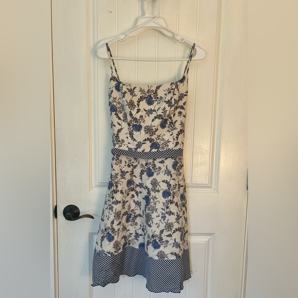 ABS Allen Schwartz Vintage Blue and White Floral Gingham Midi Dress